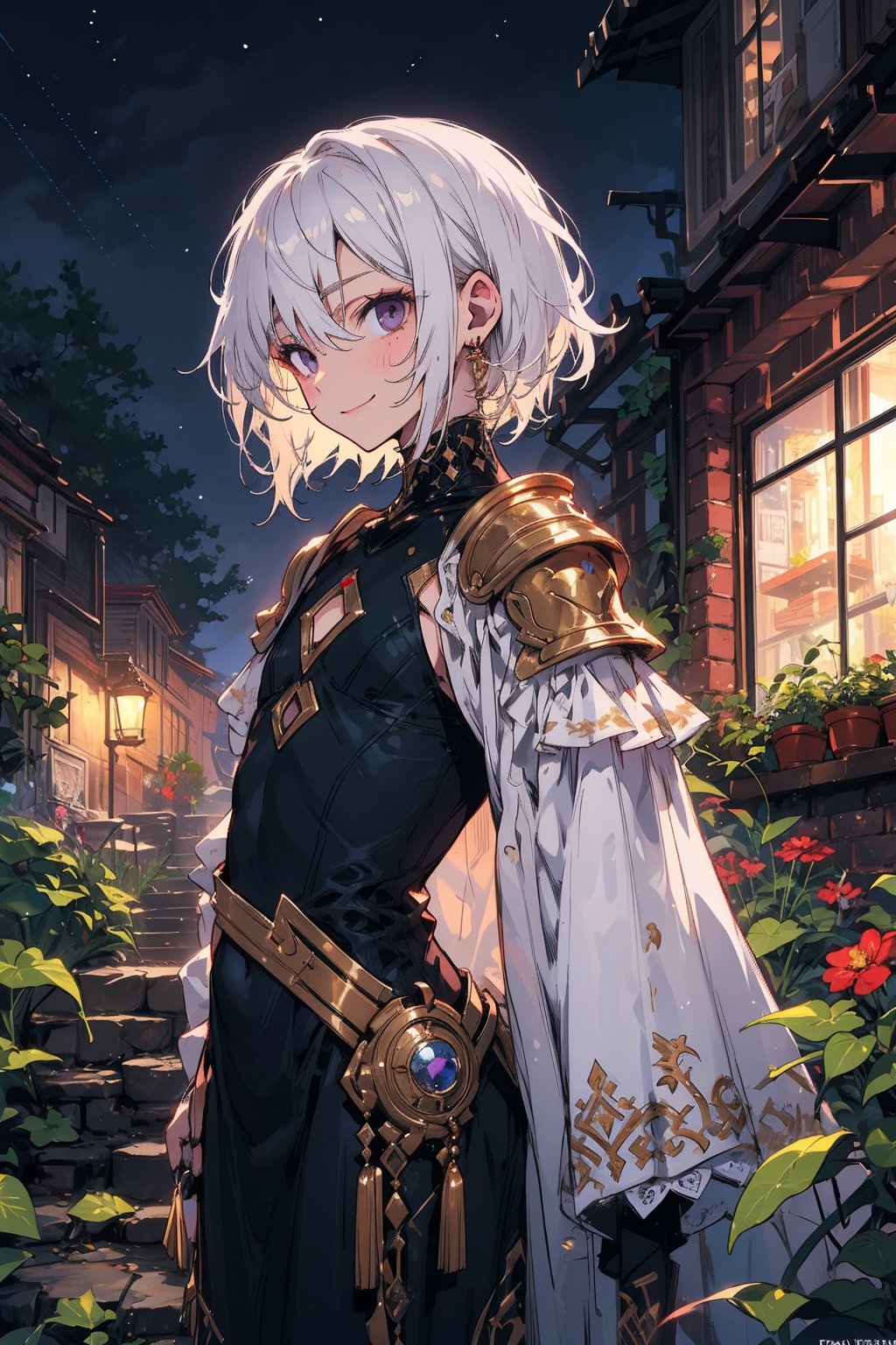 young_person, small_person, androgynous_look, flat_chest, white_hair, shoulder_length_hair, dark_eyes, black_eyes, uncertain_smile, very_slim, very_thin, close_up, fantasy_clothes, victorian_clothes, garden, night, dark_sky, small_body, white_robe, hermaphroditic_look, hermaphrodite, white_clothes, gold_marks, boyish_look, young_boy, tomboy