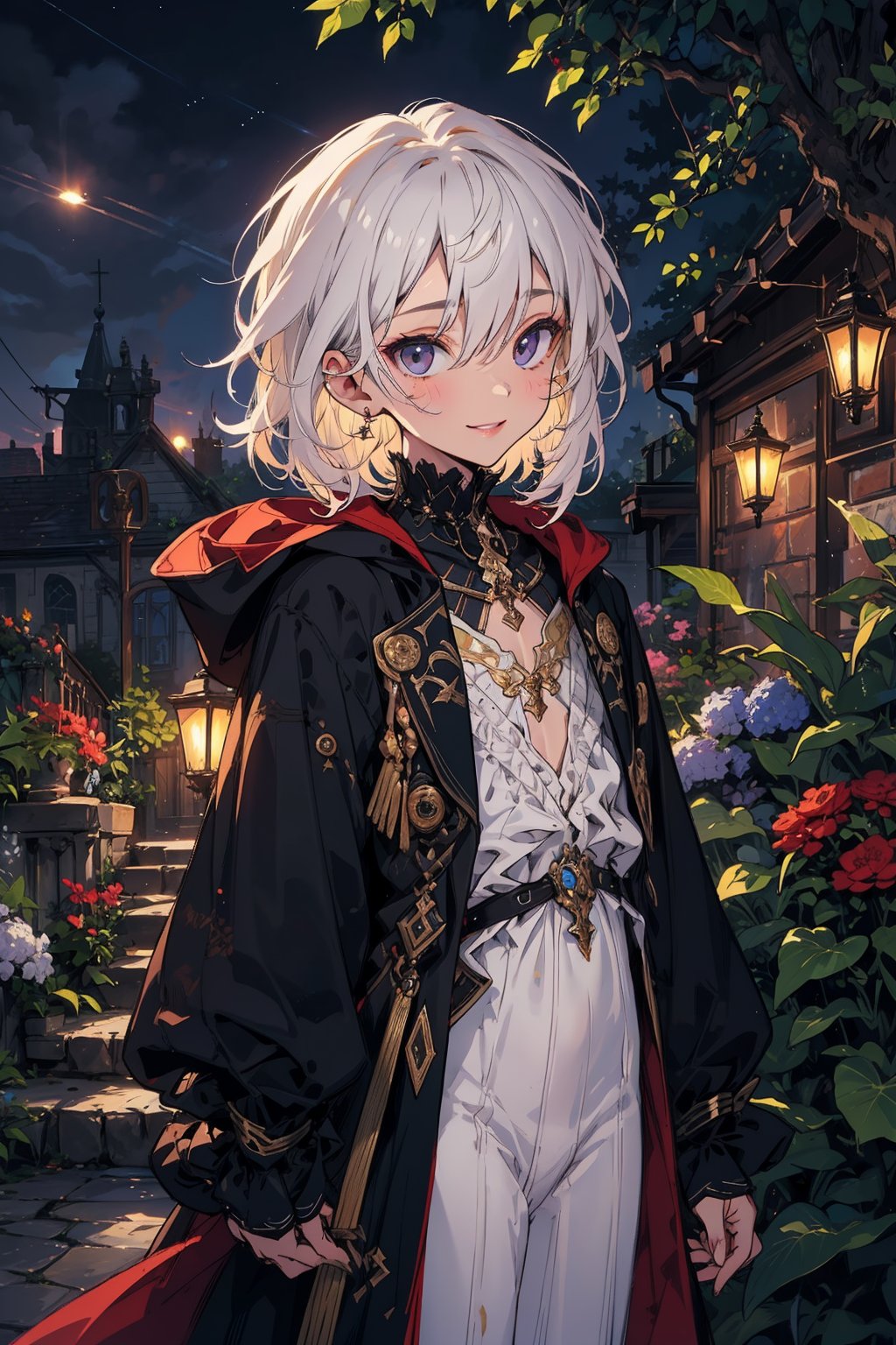 young_person, small_person, androgynous_look, flat_chest, white_hair, shoulder_length_hair, dark_eyes, uncertain_smile, very_slim, very_thin, close_up, fantasy_clothes, victorian_clothes, garden, night, dark_sky, small_body, white_robe, hermaphroditic_look, hermaphrodite, white_clothes, gold_marks, boyish_look, young_boy, tomboy, masculine_lips, masculine_features