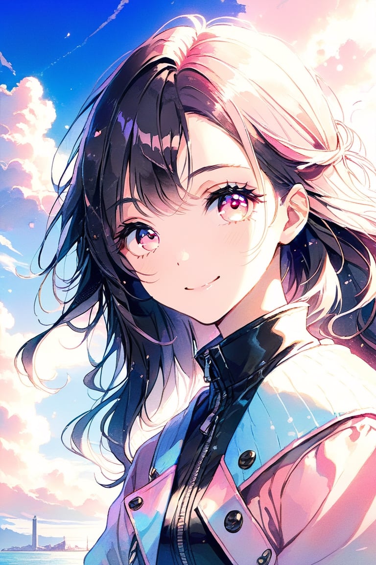 solo, looking at viewer, smile, long hair, dark hair, purple hair, hair: 1.2, 1girl, pink eyes, closed mouth, jacket, pink eyes, femenine focus, , sky, day, cloud, pink eyes, blue sky