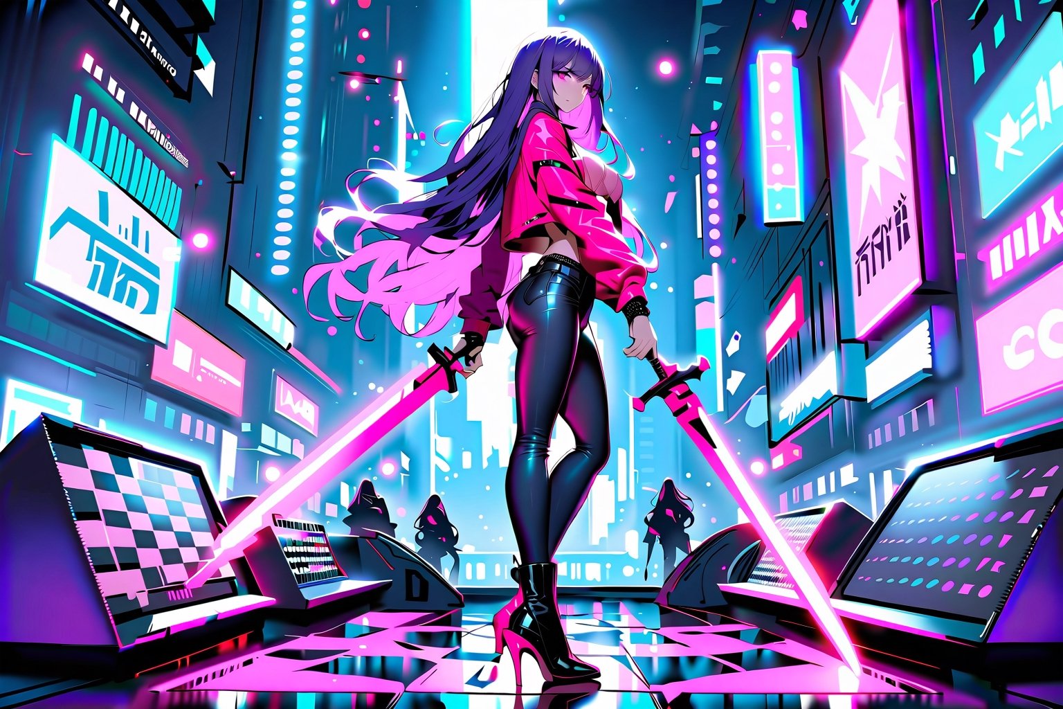 Highly detailed, high quality, masterpiece, beautiful, dark purple hair, long hair, hair:1.2, pink eyes, standing pose, full body, black jeans, leather jacket,  pink blouse, custome, high heels, boots, city night, cyberpunk, floor chess board, dark background, battle background, huge chessboard, holding a sword