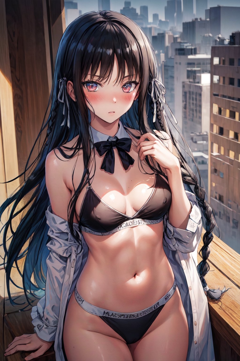 (8K,masterpiece, best quality, highres), aasuzune, long hair, black hair, (single braid:1.2), hair ribbon,looking into camera,ckundies,blush,tiny_breasts,cleavage,narrow_waist