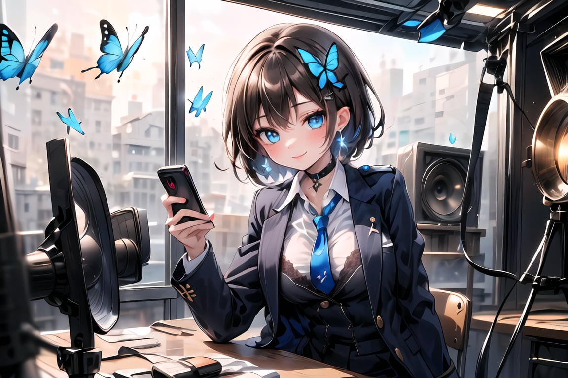 Masterpiece, highest quality, lovely and cute illustration, succubus princess, beautiful, aesthetic and cute, only daughter, (((solo,one girl)), looking at the camera, blushing, smiling half-beautiful woman,
Break,
(The background is the school's broadcasting room. Behind the glass of the recording studio is the school cafeteria, where several students are:1), a large microphone for radio recording, a girl is broadcasting on the school's campus,

Her jewel-like blue eyes are so beautiful that they seem to draw you in.
Short hair, (black and brown bangs), black and brown medium hair, holy cross hair ornament, shiny blue cross hair ornament, blue cross clip, two-tone hair with shiny inner hair (brown and blue),
Break,
Accessories include gold and silver jewelry, x hair ornament, and cross hair clip.
Butterfly earrings, butterfly and jeweled choker, (silk jet black lace choker), feminine black lace choker
break,
(beautiful girl in trousers, uniform slacks decorated with flowers: 1), sit, take notes, (check on smartphone), (smartphone: 1)
navy blue blazer uniform jacket, white shirt and tie, collared shirt, open jacket, blue butterfly,black devil's tail
