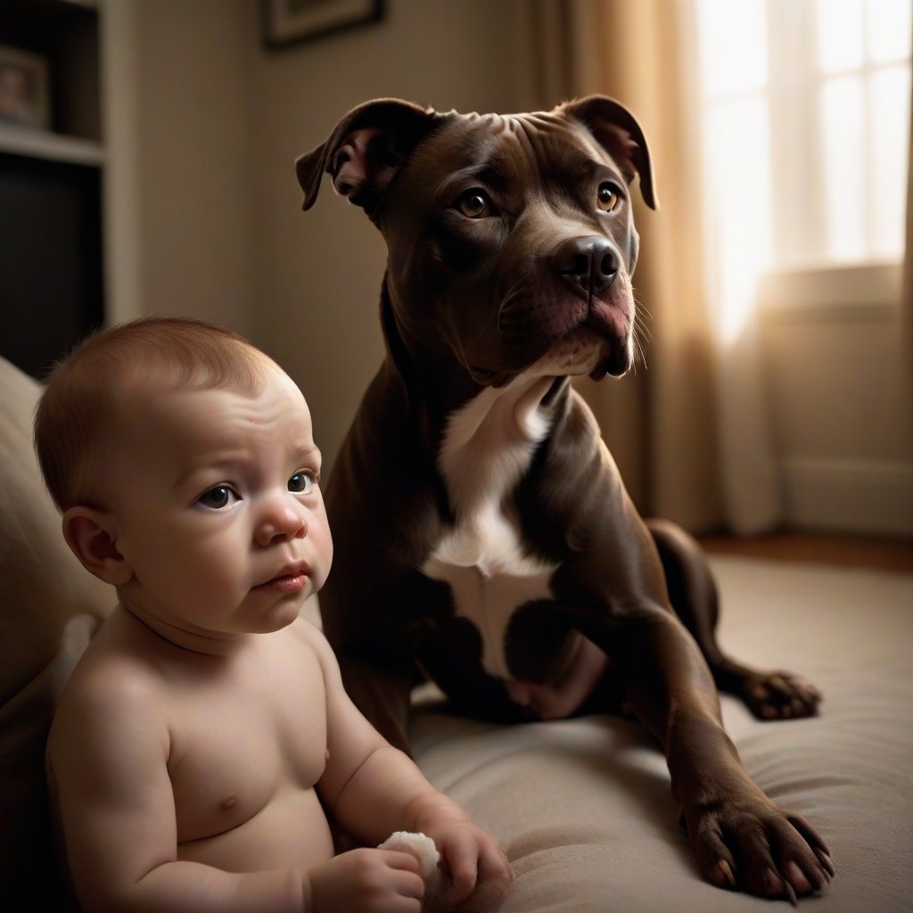 A dark brown Pitbull's majestic fur glistens under soft, golden lighting as it sits beside a chubby-cheeked baby boy. From the rear-facing vantage point, the camera captures every strand of fur and freckle on the baby's nose. The Pitbull's white paws stand out like tiny ovals of ivory against its rich, dark coat. In this eerie yet intimate scene, reminiscent of Tim Burton's whimsical world, every detail is rendered in hyper-realistic perfection.