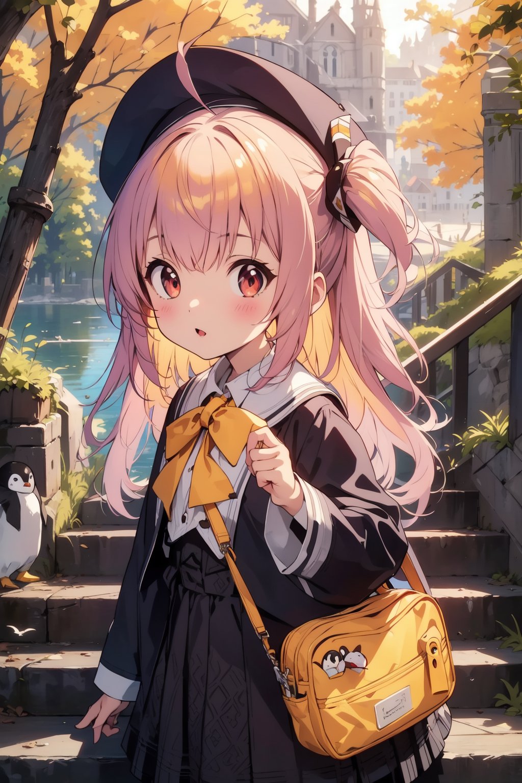 masterpiece,illustration,ray tracing,finely detailed,best detailed,Clear picture,intricate details,highlight,
anime,
gothic architecture,
looking at viewer,

nature,gothic architecture,bird,the lakeside in the heart of the forest,the staircase of the balcony,

NikkeRei,
1girl,loli,baby,long hair,hat,light red hair,
yellow bow,yellow bag,skirt,upper body,
NikkePenguin,Penguin,