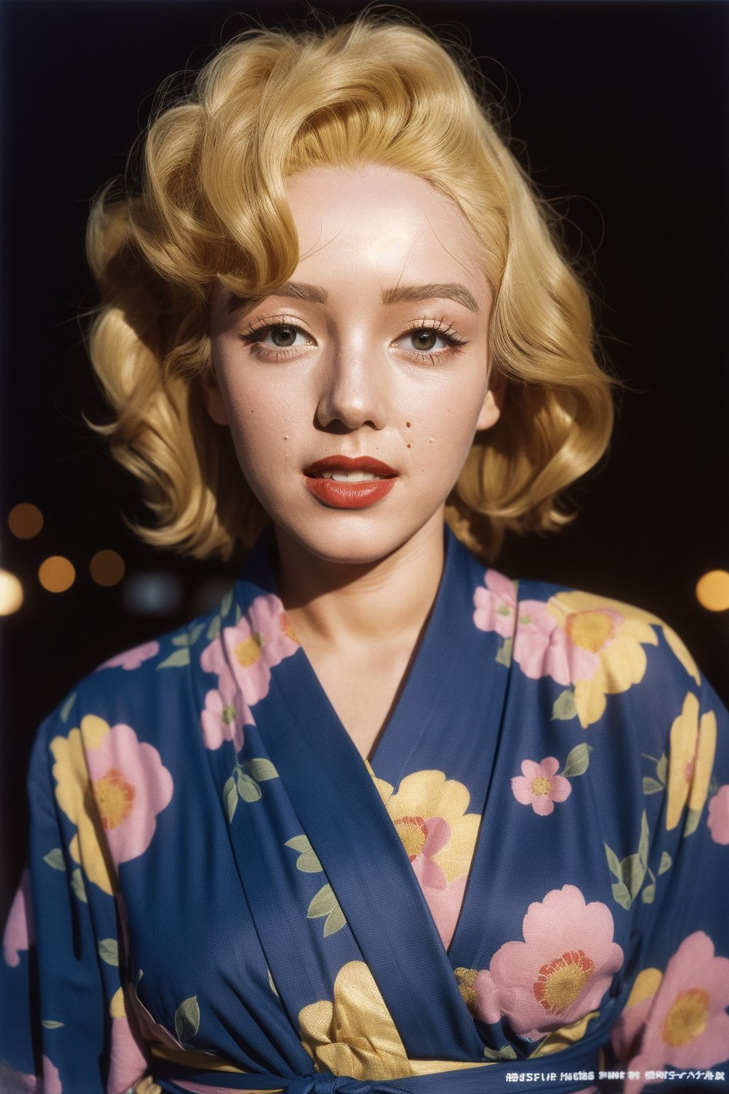 a  girl, Marilyn Monroe's face, beach,summer night,perfect body,Martin Parr style, Kodak portra 400 color film texture, soft studio light, ultra-detailed,close-up,golden yukata