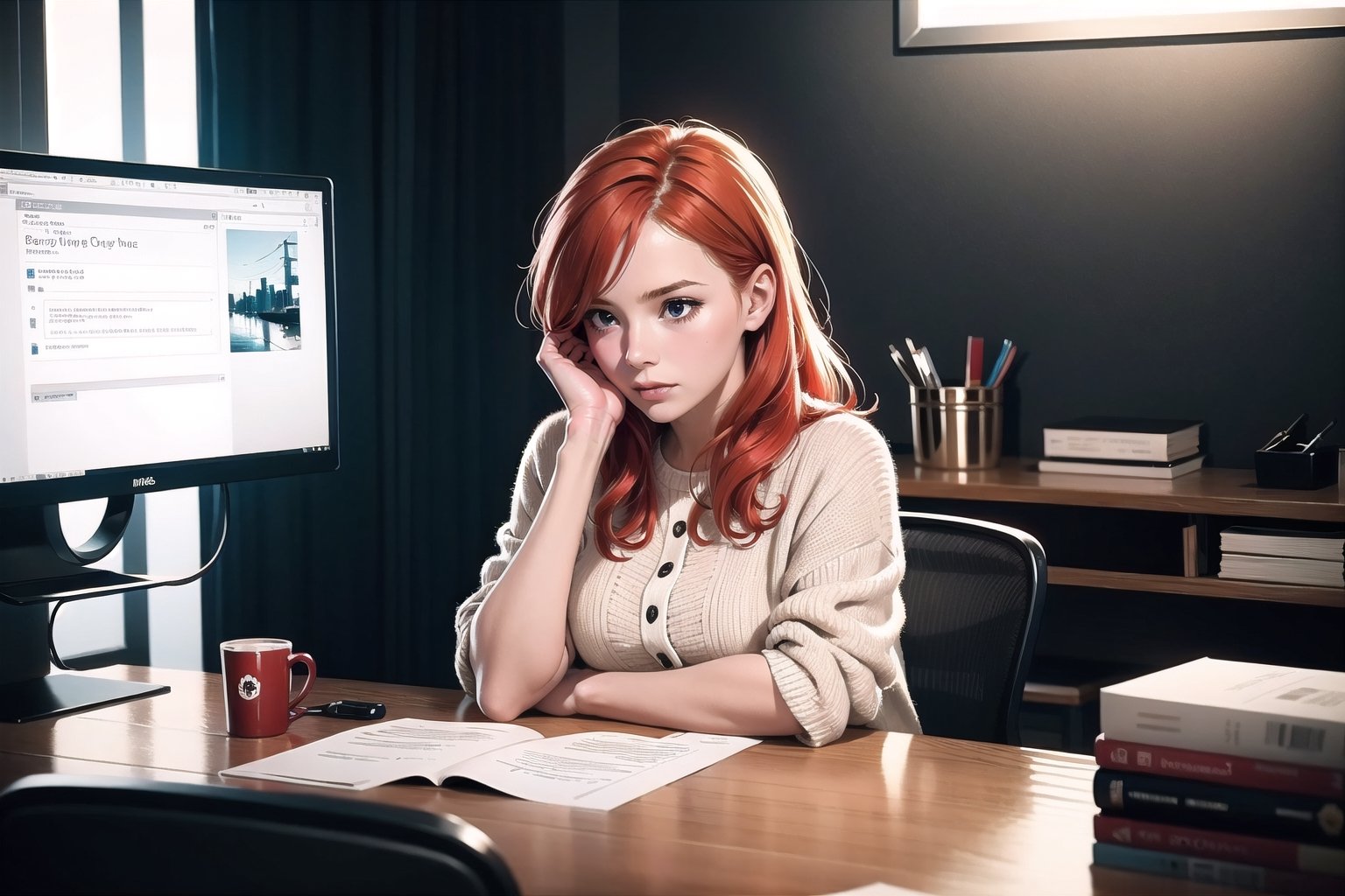  A delicate-featured Norwegian girl with fiery red hair sat at her desk with a frown on her face. She was thinking hard in front of the computer. She had a PPT for tomorrow's meeting that she hadn't finished yet. It was already late at night, and she was the only one in the office still working overtime. Outside the glass curtain wall behind her is the bustling night of the city, reflecting her hard work