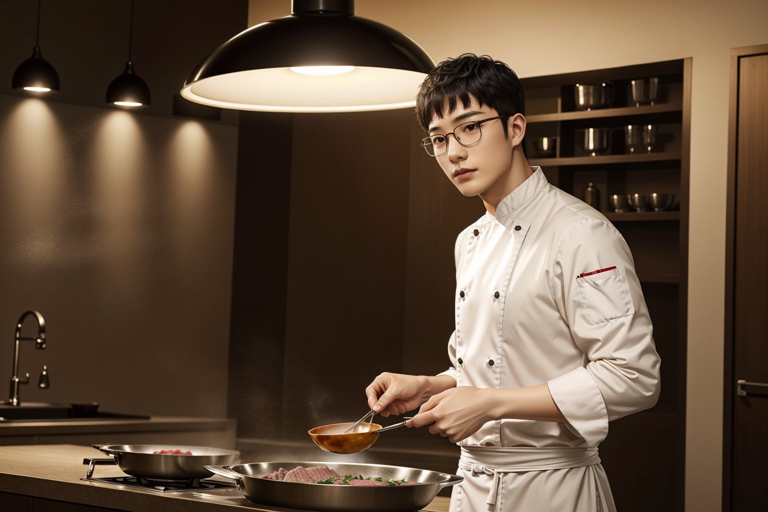 a chinese man, Gentle and handsome 35 year old guy,Wearing a pair of elegant glasses, the chef ,is making boiled beef,ultra-detailed,studio light,full body portrait,photorealism