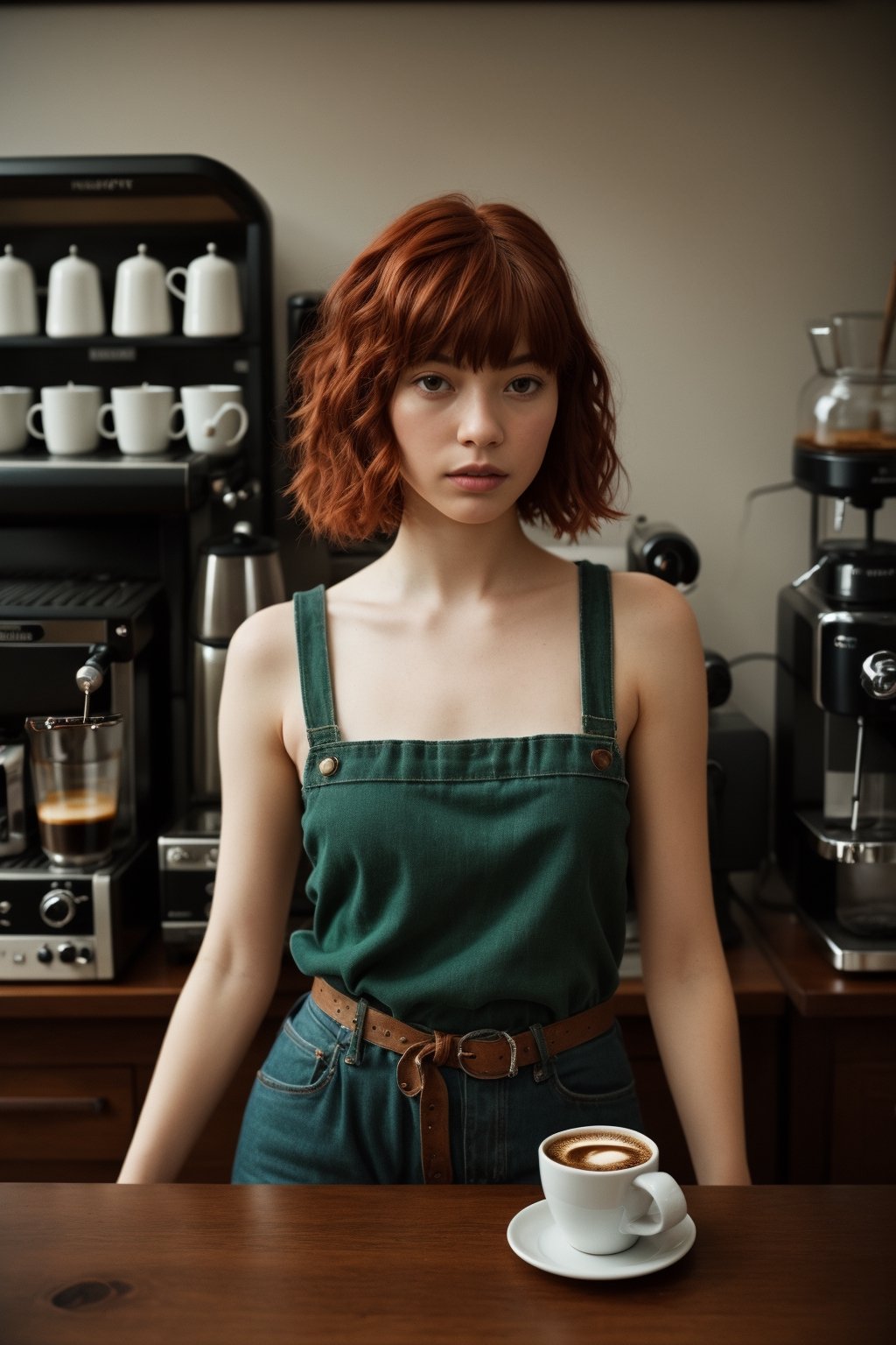 A beautiful nordic girl, with chestnut shoulder-length fiery red hair,a girl,green eyes, with table coffee in front of it, in the style of lo-fi aesthetics, vintage themes,detailed skin texture and fabric rendering, full-body_portrait,