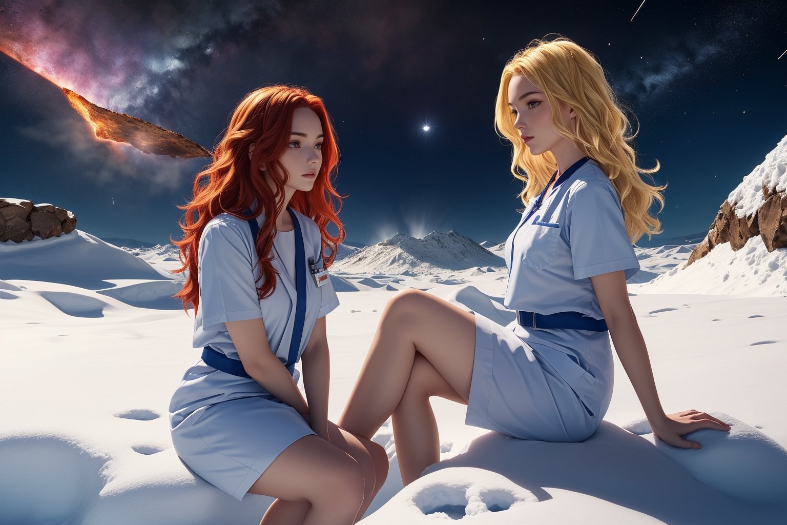 in a large meteorite crater, which is half covered by heavy snowdrifts in summer, two beautiful girls (one with short blond hair, the other with long red hair) ,wearing hospital nurse uniform, Sitting opposite each other