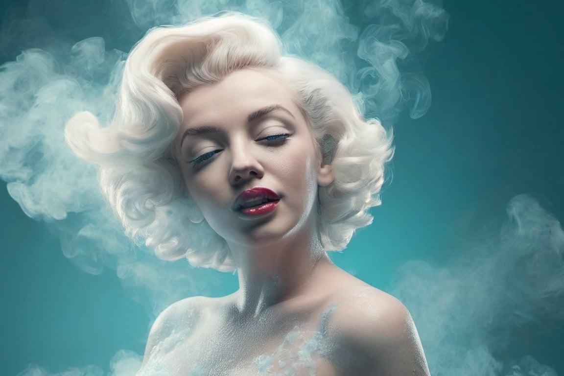 a girl,Marilyn Monroe's classic hairstyle,ice,full-body,smoke,Extremely Realistic,more saturation ,hubggirl