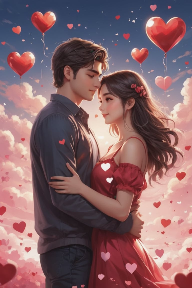 Valentine design, Relatable personality, cute and dreamy, cute boy and girl, couple, hyperdetailed, love body language, sweet