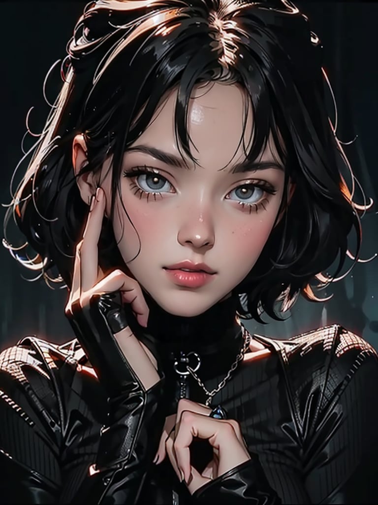 a pretty girl with black short hair, look at the camera, character portrait, black clothes, dark background, high detail, her hands touch her face, oil painting