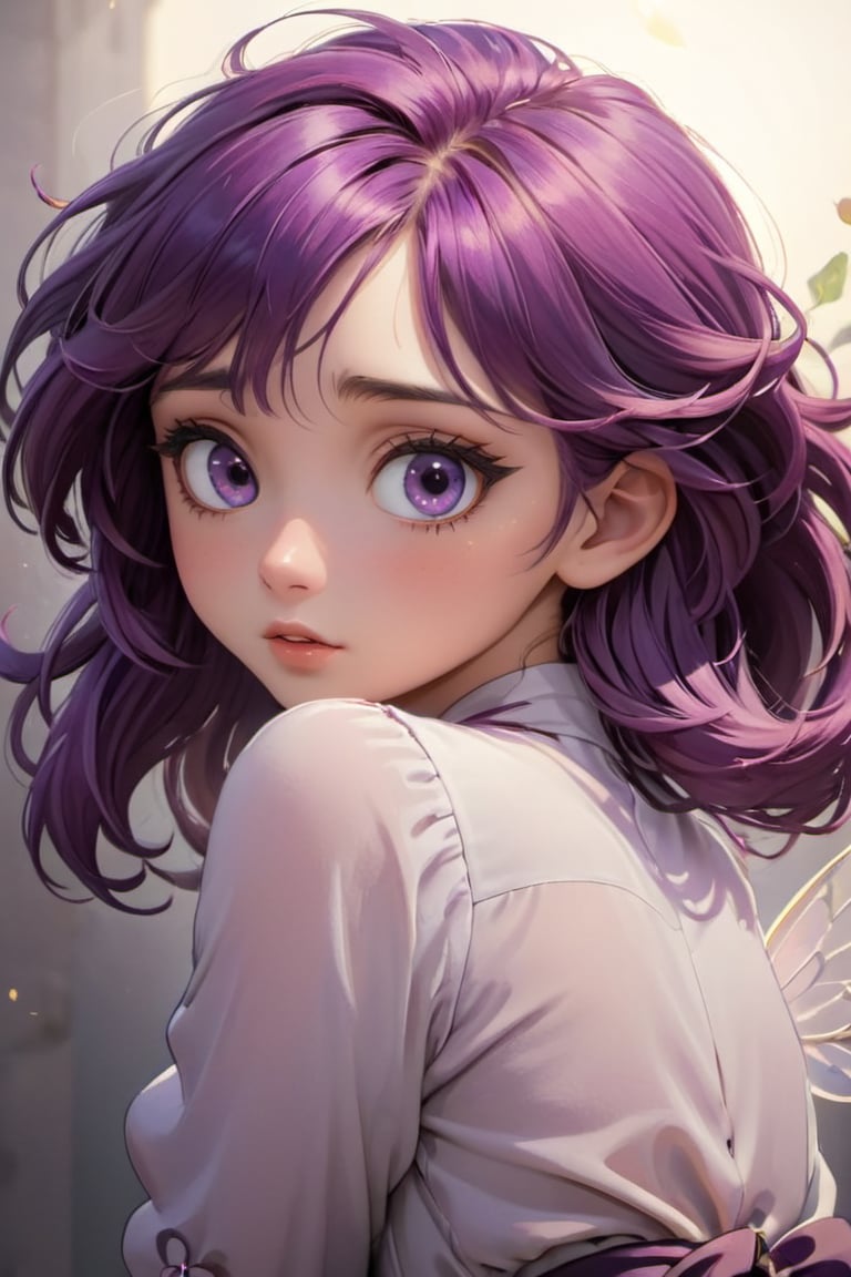 a cute little girl with big eyes, close-up, look at the camera, purple hairs, graceful flutter, hyperdetailed, minimalism, dynamic pose, cinematic light, hopeful, mucha art style