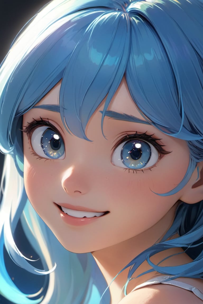 a cute little girl with big eyes, close-up, look at the camera, blue hairs, graceful flutter, hyperdetailed, minimalism, dynamic pose, cinematic light, hopeful, smiling