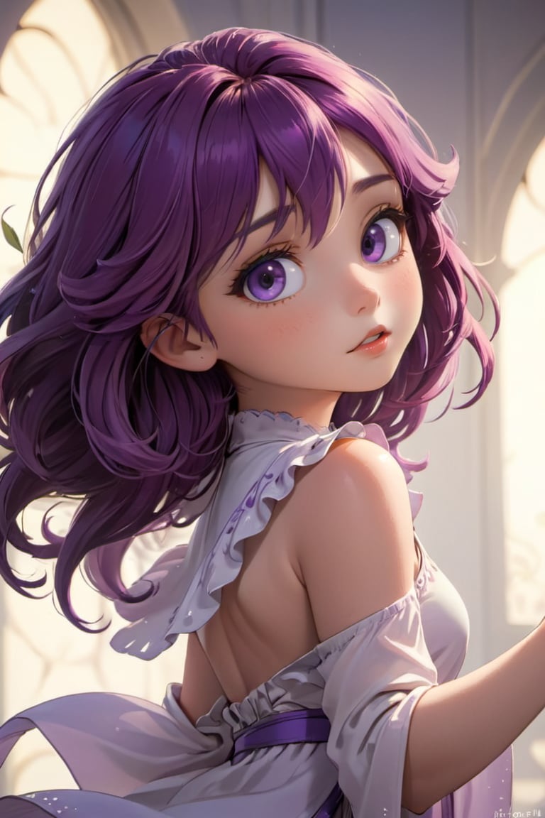 a cute little girl with big eyes, close-up, look at the camera, purple hairs, graceful flutter, hyperdetailed, minimalism, dynamic pose, cinematic light, hopeful, mucha art style
