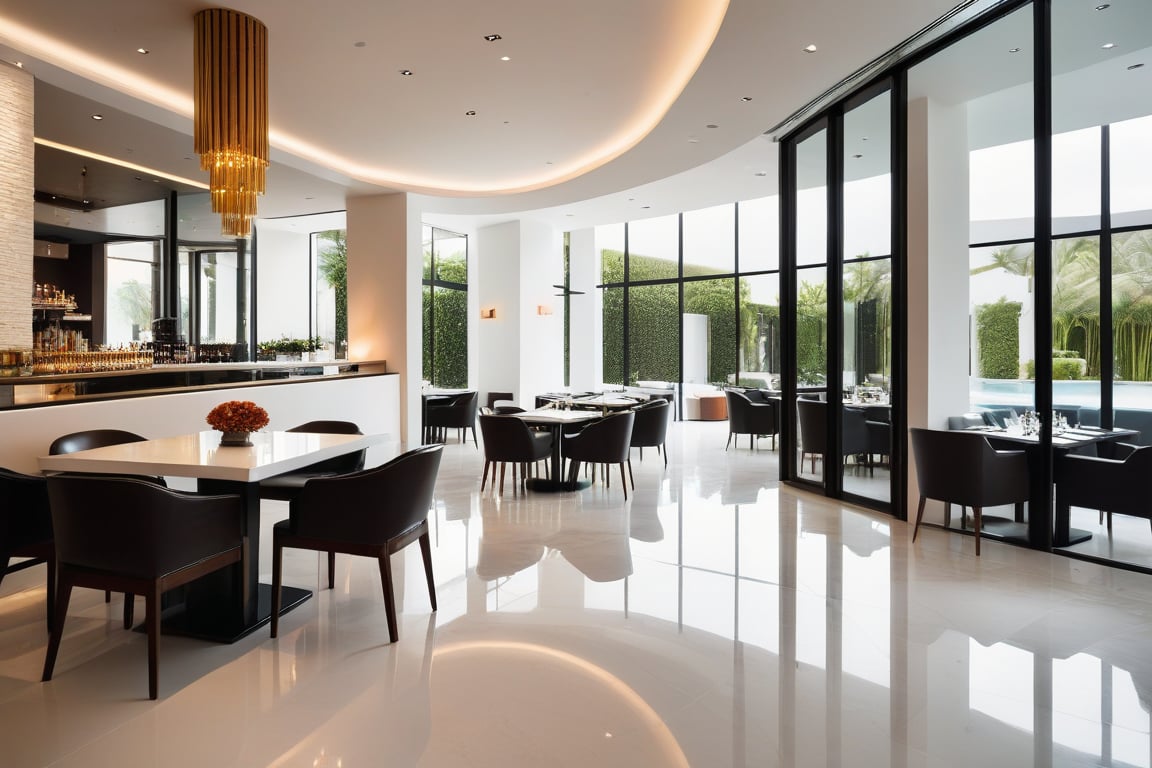 Raw photo of a masterpiece quality indoor scene: an interior of a modern restaurant's cozy living room area. Natural daylight pours in through the large glass door, highlighting the sleek white walls and polished tiling floor. A striking column is cleverly disguised behind a mirrored surface, adding a touch of luxury to the space. The camera captures every super detailed aspect with precision, as if straight from a high-quality film.