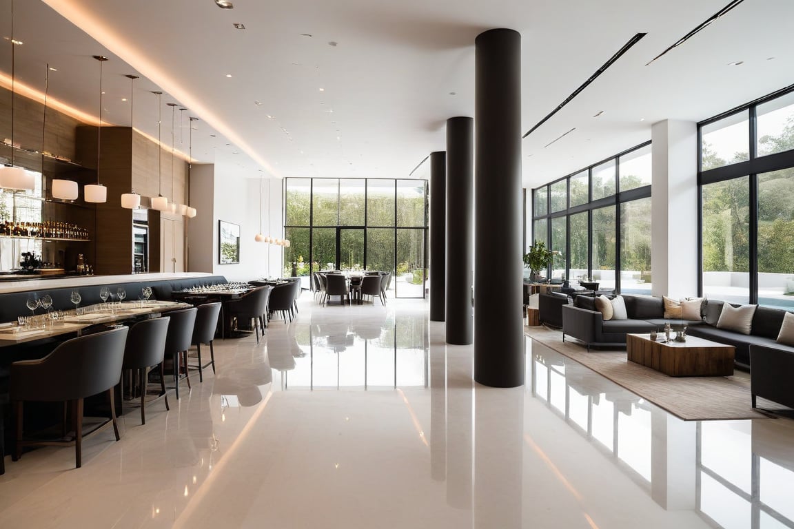 Raw photo of a masterpiece quality indoor scene: an interior of a modern restaurant's cozy living room area. Natural daylight pours in through the large glass door, highlighting the sleek white walls and polished tiling floor. A striking column is cleverly disguised behind a mirrored surface, adding a touch of luxury to the space. The camera captures every super detailed aspect with precision, as if straight from a high-quality film.,jkbridge,extrusionbuilding