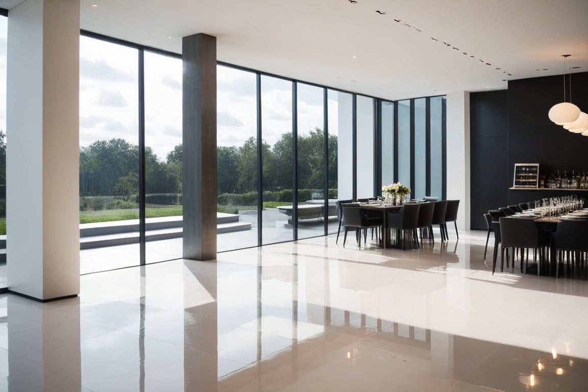 Raw photo of a masterpiece quality indoor scene: an interior of a modern restaurant's cozy living room area. Natural daylight pours in through the large glass door, highlighting the sleek white walls and polished tiling floor. A striking column is cleverly disguised behind a mirrored surface, adding a touch of luxury to the space. The camera captures every super detailed aspect with precision, as if straight from a high-quality film.,jkbridge,extrusionbuilding,masp