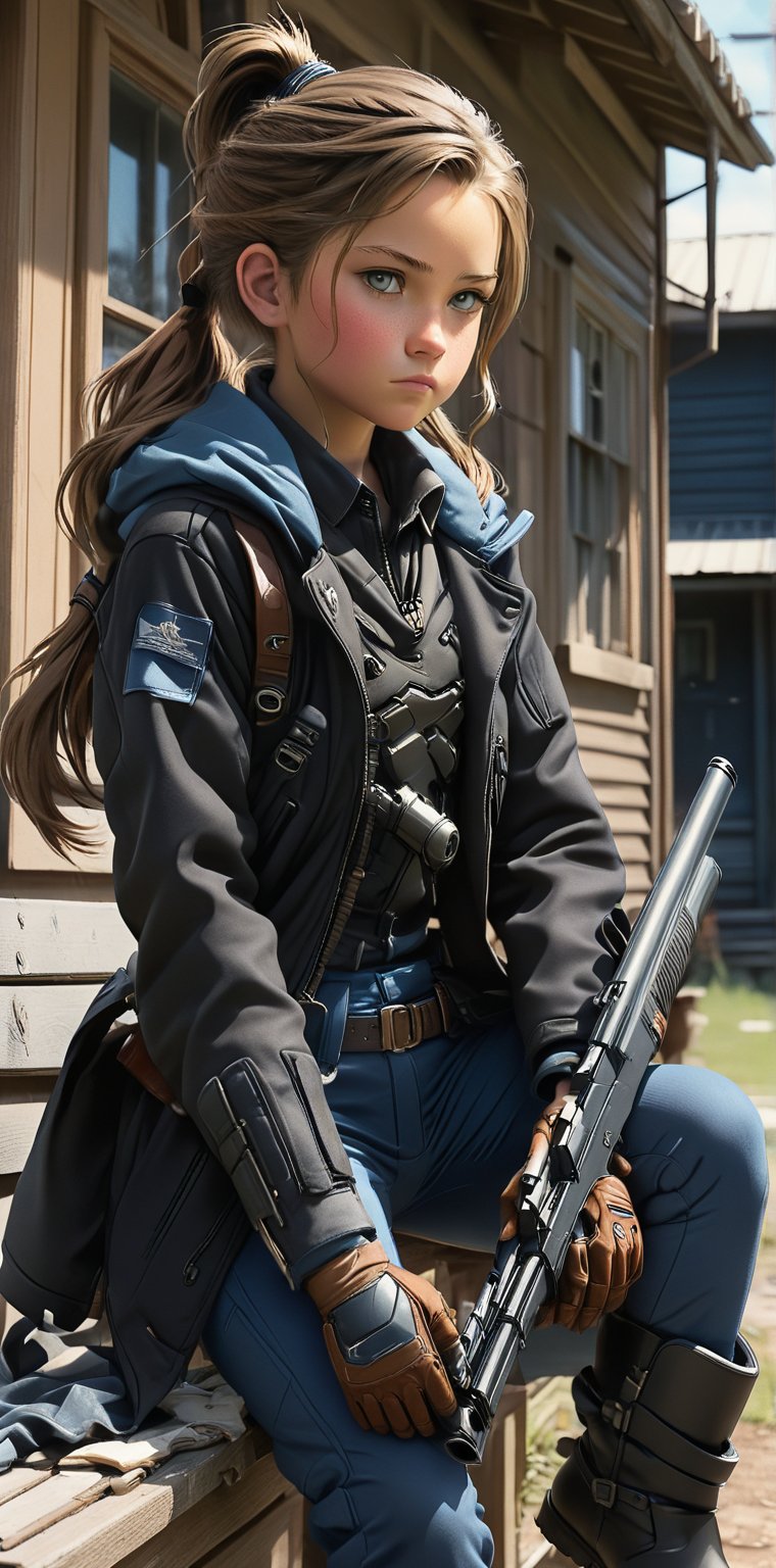 A young girl 12yo, sits confidently,She holds a shutgun firmly in  hands Protect the front of her home.  long brown hair tied in a ponytail, wearing a black jacket and blue pants with black boots. Her long sleeves are rolled up slightly, revealing a glimpse of pale skin. She holds a shutgungun , her coat open to reveal the weapon. The framing is tight, with the subject centered in the shot, surrounded by a shallow depth of field. The lighting is dimly lit, with a hint of moody blues and shadows accentuating her determined expression.,SDXL