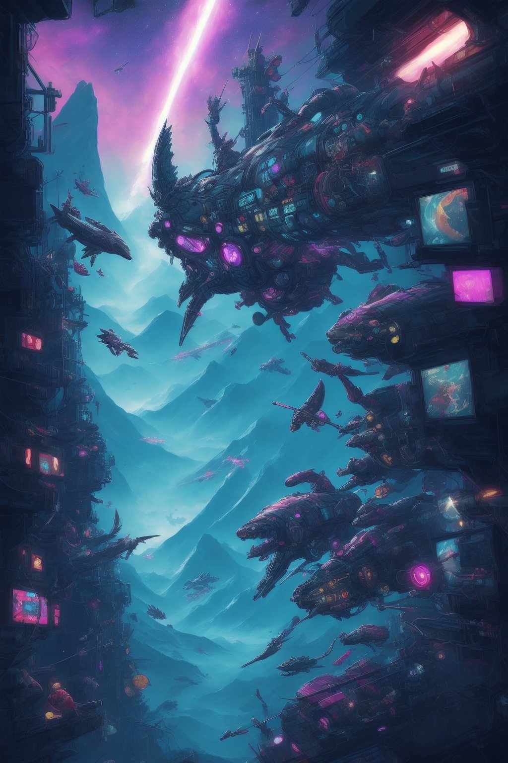 With the theme of animals from the Classic of Mountains and Seas. have many animals in the picture. The background is a space station, cyberpunk style