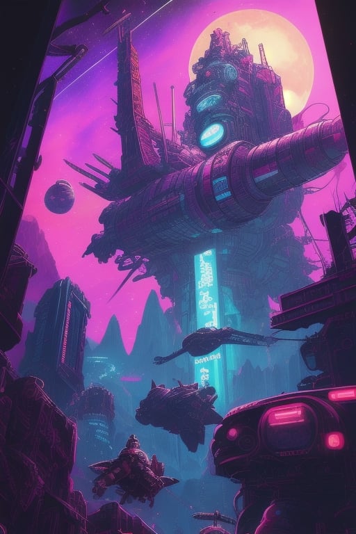 With the theme of animals from the Classic of Mountains and Seas. have many animals in the picture. The background is a space station, cyberpunk style.complex