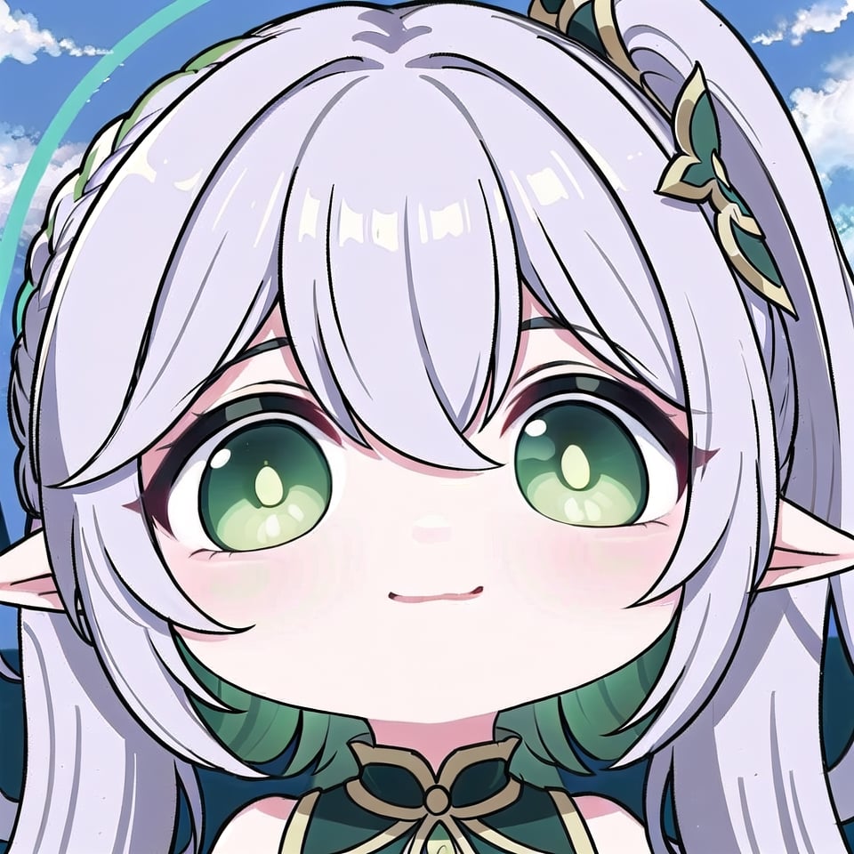 1 girl, Nahida, chibi, white hair, side_ponytail, white thick eyebrows, (green eyes:1.5), beautiful detail eyes, best quality, 2d, cute, cartoon, sky background, best quality, masterpiece, majestic, multicolored_hair, pointy-ears,nahida, one_eye_closed