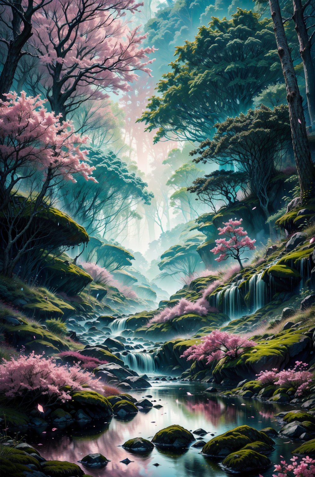 A calm, dark forest at night, illuminated by soft blue light filtering through the trees overhead. A small multi-level mountain stream meanders through the center of the forest, reflecting the heavenly glow on its surface. Delicate pink, yellow and red flowers bloom on either side of the stream, adding color to the monochrome scene. The forest floor is covered with moss and ferns, creating the overall feeling of a mystical, enchanted forest. The moonlight falls dimly on the water, cutting through the silence of the night. An old cherry tree, standing quietly by the water, softly crumbles under the gusts of a weak wind, its pink petals, lifted by a breath of light wind, travel through the forest,DonMD34thM4g1c,nhaythoaty,fantasy00d