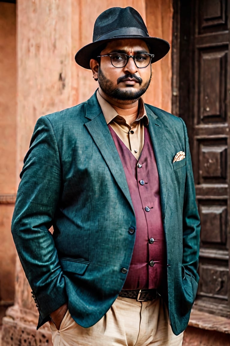 real Indian man, dark thin hair,  faceless, profile, fatty, gentle, formal cloths, warring hat and glasses like a property dealer, standing looking in to the camera