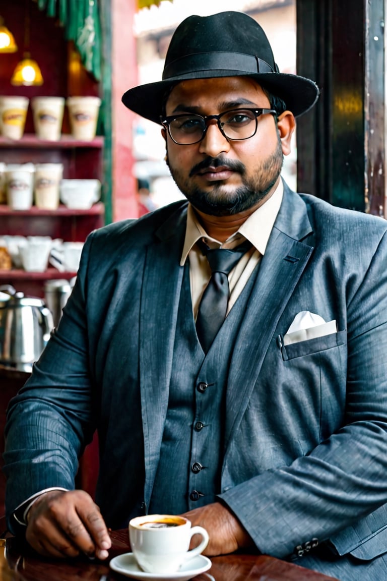 real Indian man, dark thin hair,  faceless, profile, fatty, gentle, formal cloths, wearing hat and glasses like a property dealer, sitting in coffie shop, standing looking in to the camera