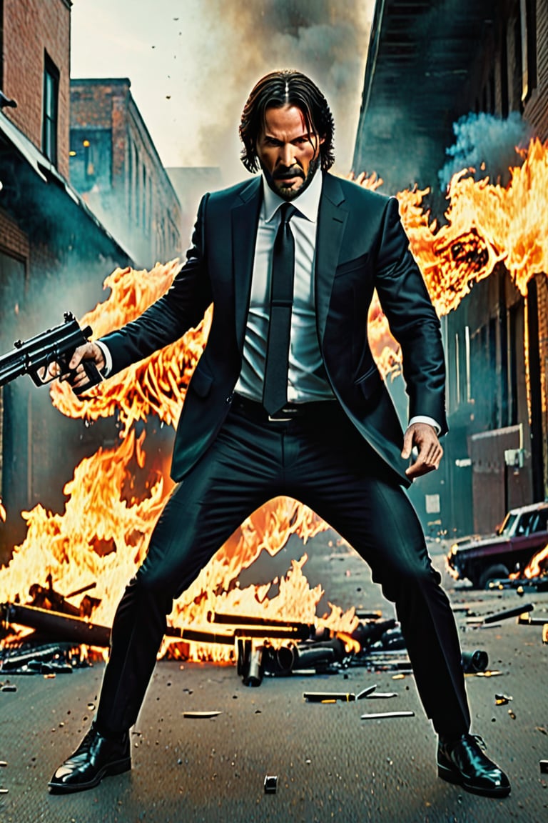  ((Panoramic and open wide shot)), masterpiece, excellent quality, perfect hands,epic running fast shooting machine gun with flames, photo realistic "John Wick", with pistol and machine gun , different weapons knives, katanas, submachine guns, grenades, in a shootout with other men, thriller style, aggressive pose, modern black and white Gucci suit, armed gun, photorealistic, highly detailed, blurry photo, intricate, incredibly detailed, super detailed, gangster texture, detailed , crazy, soft lights and shadows