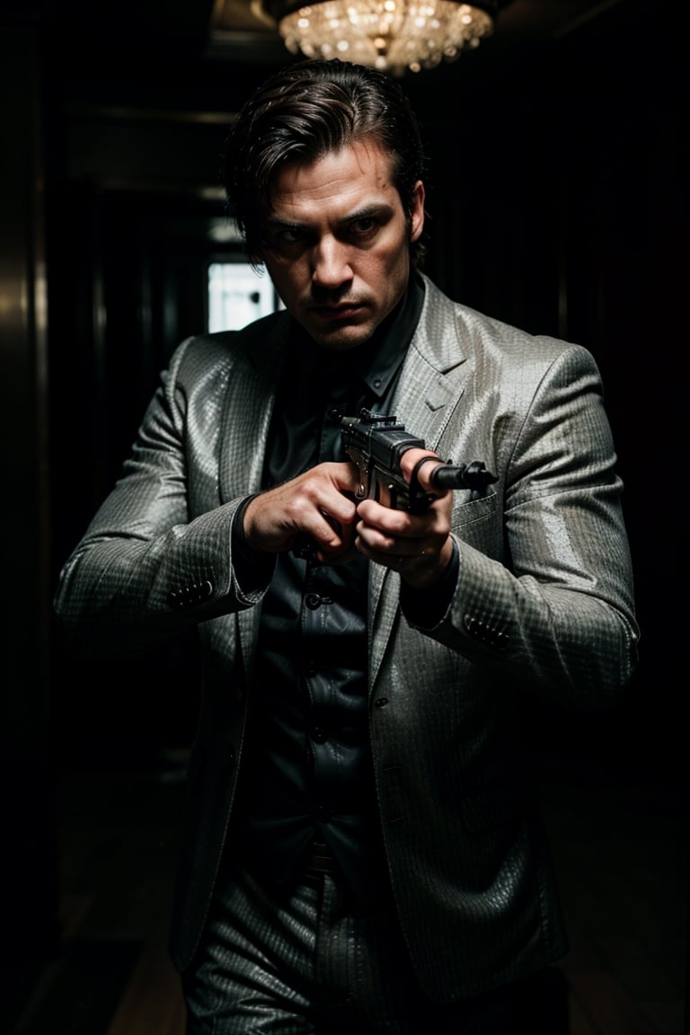 masterpiece, excellent quality, 8k, photo realistic man with , thriller style, aggressive pose, modern black and white Gucci suit, armed gun, photorealistic, highly detailed, blurry photo, intricate, incredibly detailed, super detailed, gangster texture, detailed , crazy, soft lights and shadows