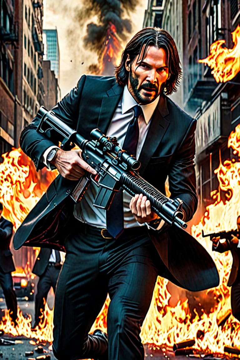  ((Panoramic and open wide shot)), masterpiece, excellent quality, perfect hands,epic running fast shooting machine gun with flames, photo realistic "John Wick", with pistol and machine gun , different weapons knives, katanas, submachine guns, grenades, in a shootout with other men, thriller style, aggressive pose, modern black and white Gucci suit, armed gun, photorealistic, highly detailed, blurry photo, intricate, incredibly detailed, super detailed, gangster texture, detailed , crazy, soft lights and shadows