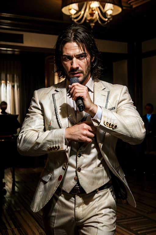 ((Panoramic and open wide shot)), masterpiece, excellent quality, 
perfect hands,epic running fast shooting machine gun with flames, photo realistic "John Wick", singing ((wearing a bright white suit and guitar and singing into a microphone))
different weapons
knives, katanas, submachine guns, grenades, in a shootout with other men, thriller style, aggressive pose, modern black and white Gucci suit, armed gun, photorealistic, highly detailed, blurry photo, intricate, incredibly detailed, super detailed, gangster texture, detailed , crazy, soft lights and shadows