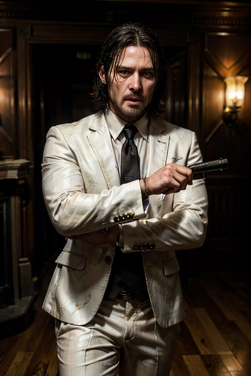 ((Panoramic and open wide shot)), masterpiece, excellent quality, 
perfect hands,epic running fast shooting machine gun with flames, photo realistic "John Wick", singing ((wearing a bright white suit and guitar and singing into a microphone))
different weapons
knives, katanas, submachine guns, grenades, in a shootout with other men, thriller style, aggressive pose, modern black and white Gucci suit, armed gun, photorealistic, highly detailed, blurry photo, intricate, incredibly detailed, super detailed, gangster texture, detailed , crazy, soft lights and shadows