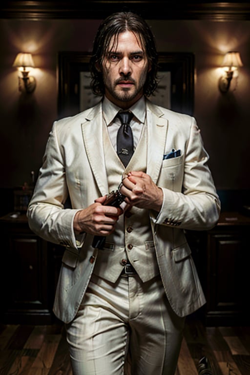 ((Panoramic and open wide shot)), masterpiece, excellent quality, 
perfect hands,epic running fast shooting machine gun with flames, photo realistic "John Wick", singing ((wearing a bright white suit and guitar and singing into a microphone))
different weapons
knives, katanas, submachine guns, grenades, in a shootout with other men, thriller style, aggressive pose, modern black and white Gucci suit, armed gun, photorealistic, highly detailed, blurry photo, intricate, incredibly detailed, super detailed, gangster texture, detailed , crazy, soft lights and shadows