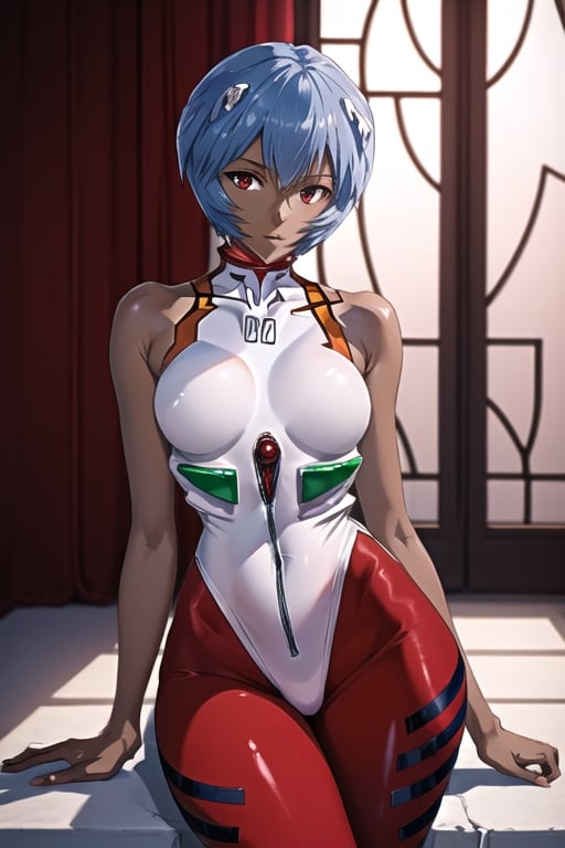 Ayanami Rei, skin_tight,god proportions,chinese clothes,the pose,assertive female,dark skin,rei ayanam,ineck church,red eyes
