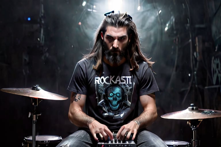 un baterista  tocando  en medio del holocausto con  una  camiseta rockera ,  con cabello medianamente largo , barba completa, con  un fondo  tipo cyberpunk,  con muchas explosiones , guerreras post apocaliticas, en un ciudad  en llamas ,dark,Extremely Realistic