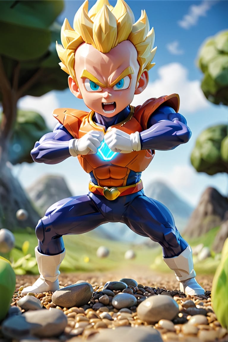 1boy, a vegeta power up floating above the ground, ground start breaking, stone and pebble floating, energy field emited from his body, viewed from bellow, camera view, dynamic field of view, cartoon camera style, panoramic, ultra wide angle, spherical perspective view, action cam