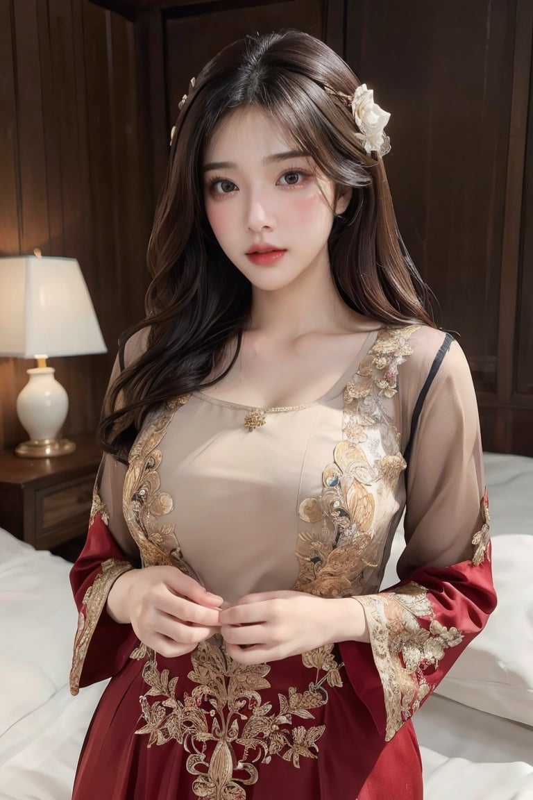 Masterpiece, Extremely realistic, women, inside bedroom, medium wavy hair, layered hairstyle, detailed face, medium breasts, wider hips, (detailed background), fine detailed, intricate detail, ray tracing, depth of field, doll, kebaya, blouse,