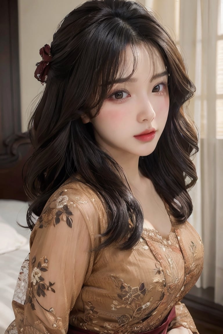 Masterpiece, Extremely realistic, women, inside bedroom, medium wavy hair, layered hairstyle, detailed face, medium breasts, wider hips, (detailed background), fine detailed, intricate detail, ray tracing, depth of field, doll, kebaya, blouse,