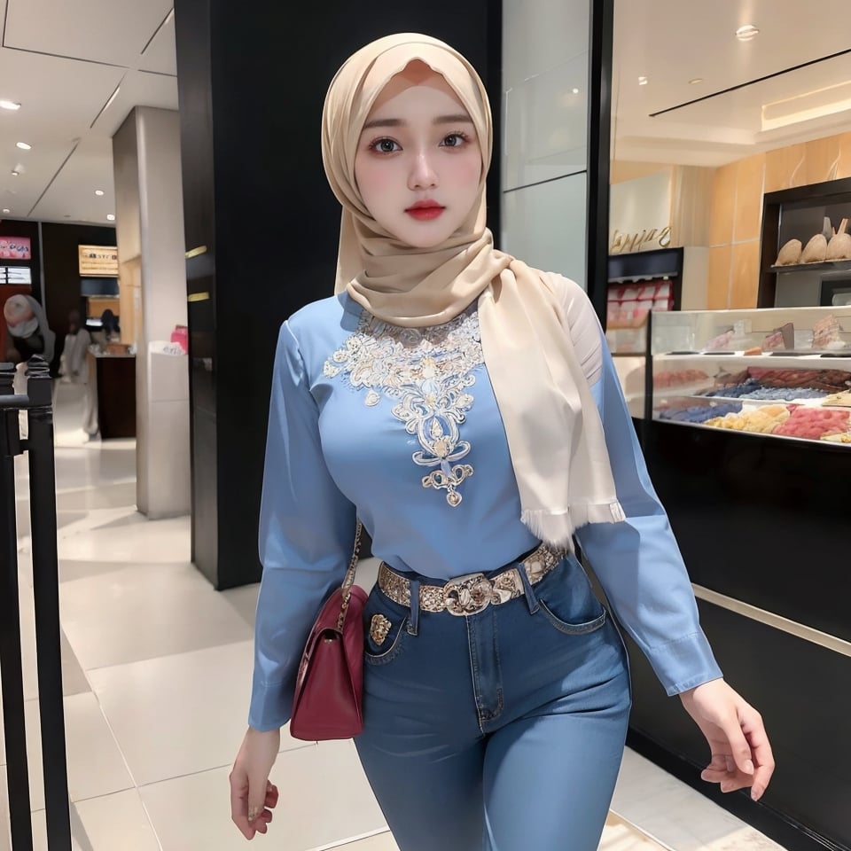 Masterpiece, Extremely realistic, women, walking inside mall, detailed face, medium breasts, wider hips, blouse, hijab, colorful hijab, pants, jeans pants, (detailed background), fine detailed, intricate detail, ray tracing, depth of field, doll, hijab indonesia,