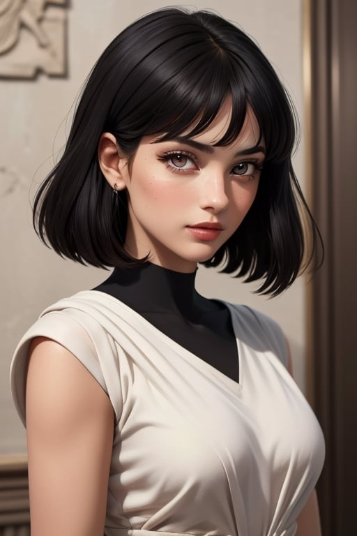 An incredibly beautiful young femme fatale with blackberry eyes, straight black hair, a square haircut, dressed in a long ancient Greek chiton. Masterpiece, perfect image, realistic shots, detailed study of faces, full-length image, 8k, detailed image. extremely detailed illustration, a real masterpiece of the highest quality, with careful drawing. Full-length image. greek clothes., mature woman, ,sailor saturn,tiara