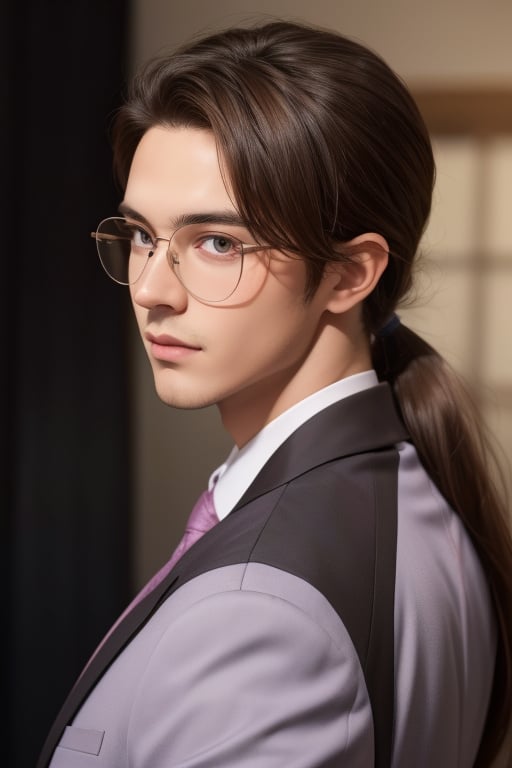 A tall, handsome, handsome young man with brown hair, he has long chocolate-colored hair gathered in a tight low ponytail on the back of his head and combed back, glasses, lilac eyes, he is dressed in a suit. Masterpiece, beautiful face, perfect image, realistic photos, 8k, detailed image, extremely detailed illustration, a real masterpiece of the highest quality, with careful drawing. SailorStarMaker, low ponytail on the back of the head, hair combed back.,
