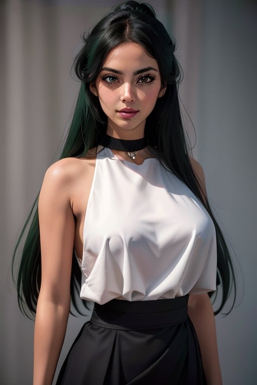 An incredibly beautiful young femme fatale with garnet eyes, long straight black and green hair, one bunch of hair on top of the head. dressed in a long ancient Greek chiton. Masterpiece, perfect image, realistic shots, detailed study of faces, full-length image, 8k, detailed image. extremely detailed illustration, a real masterpiece of the highest quality, with careful drawing. Full-length image. greek clothes., mature woman, pluto, meiou setsuna