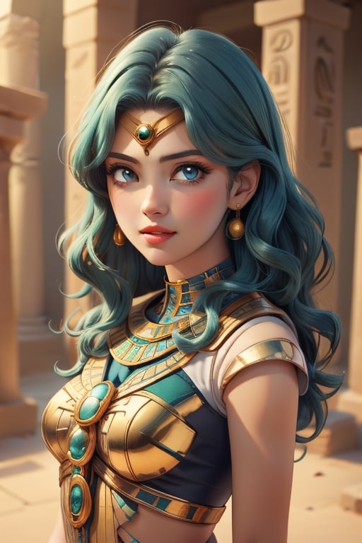 An incredibly beautiful young femme fatale with long curly aquamarine hair, aquamarine eyes, long curly aquamarine hair, dressed in a long ancient Greek chiton. Masterpiece, perfect image, realistic shots, detailed study of faces, full-length image, 8k, detailed image. extremely detailed illustration, a real masterpiece of the highest quality, with careful drawing. Full-length image. ,sailor neptune, mature woman, egypt, egyptian, mature woman,michiru,ancient egyptian clothes