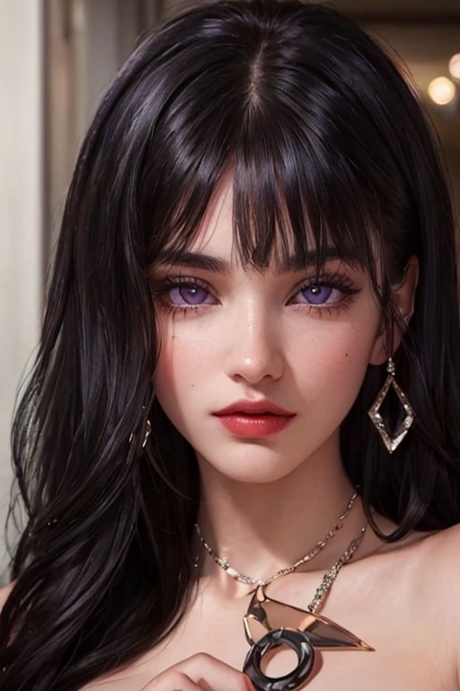 An incredibly beautiful young femme fatale is a brunette with purple eyes, she has a red dress, long straight black hair, long bangs.  Masterpiece, detailed study of the face, beautiful face, beautiful facial features, perfect image, realistic shots, detailed study of faces, full-length image, 8k, detailed image, extremely detailed illustration, a real masterpiece of the highest quality, with careful drawing. masterpiece, WOWAI, belle (PnMakeEnh),Black haired beauty