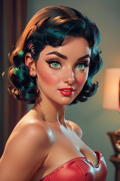 An incredibly beautiful young femme fatale with green eyes, short black and blue hair, she has long bangs, she is dressed in a pin-up romantic look. Masterpiece, beautiful face, beautiful facial features, perfect image, realistic photos, full-length image, 8k, detailed image, extremely detailed illustration, a real masterpiece of the highest quality, with careful drawing. glow. In full growth. ,beautypinupart, PinUp,mer1