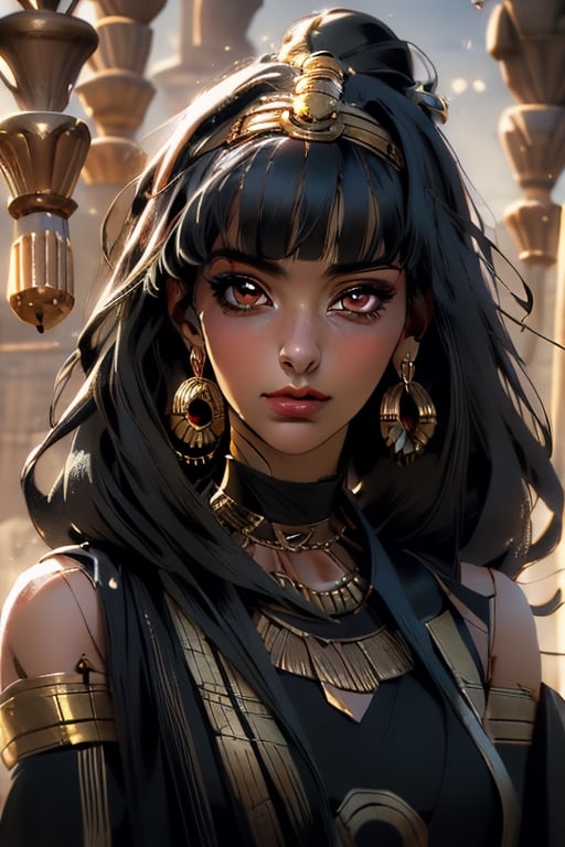 An incredibly beautiful young femme fatale with garnet eyes, long straight black and green hair, one bunch of hair on top of the head. dressed in a long ancient Greek chiton. Masterpiece, perfect image, realistic shots, detailed study of faces, full-length image, 8k, detailed image. extremely detailed illustration, a real masterpiece of the highest quality, with careful drawing. Full-length image. greek clothes. mature woman, pluto, meiou setsuna, egypt, egyptian, sailor pluto