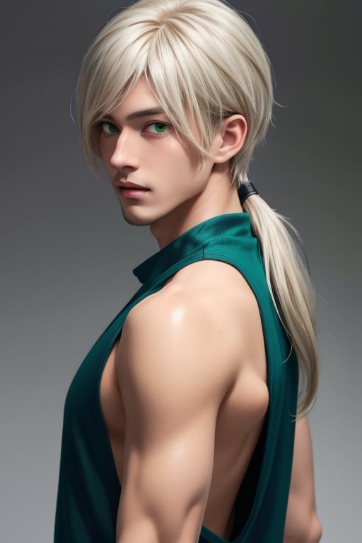 A tall, handsome, statuesque young man is platinum blond, he has long platinum hair gathered in a tight low ponytail at the back of his head, long bangs, green eyes, he is dressed in rocker clothes. Masterpiece, beautiful face, perfect image, realistic photos, 8k, detailed image, extremely detailed illustration, a real masterpiece of the highest quality, with careful drawing.  low ponytail on the back of the head, anime style,SailorStarHealer,yaten, 1 boy