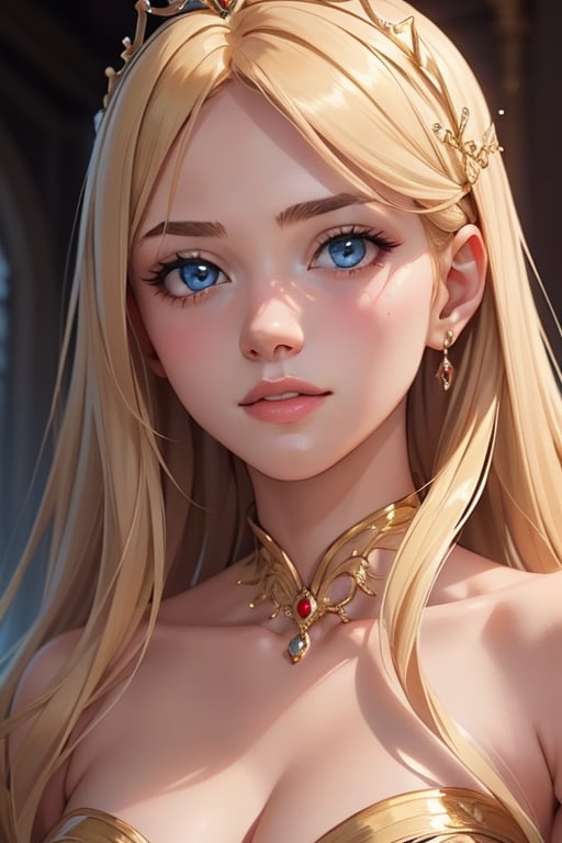 An incredibly beautiful young femme fatale, a slender girl with long golden hair, blue eyes, she is wearing a beautiful gold long dress, a luxurious tiara on her head, and she is the princess of the planet Venus. Masterpiece, detailed study of the face, beautiful face, beautiful facial features, perfect image, realistic shots, detailed study of faces, full-length image, 8k, detailed image. an extremely detailed illustration, a real masterpiece of the highest quality, with careful drawing.,sv1